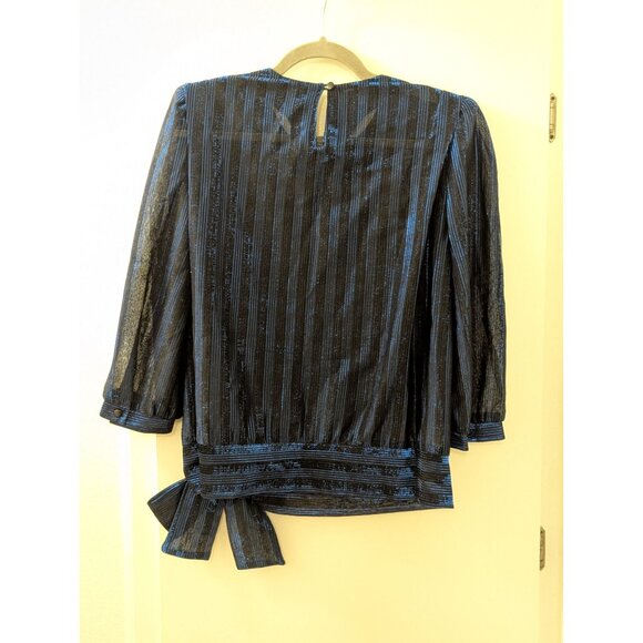Vintage Frejani Womens Striped Metallic Blue & Black Tie-Waist Blouse - Picture 6 of 8